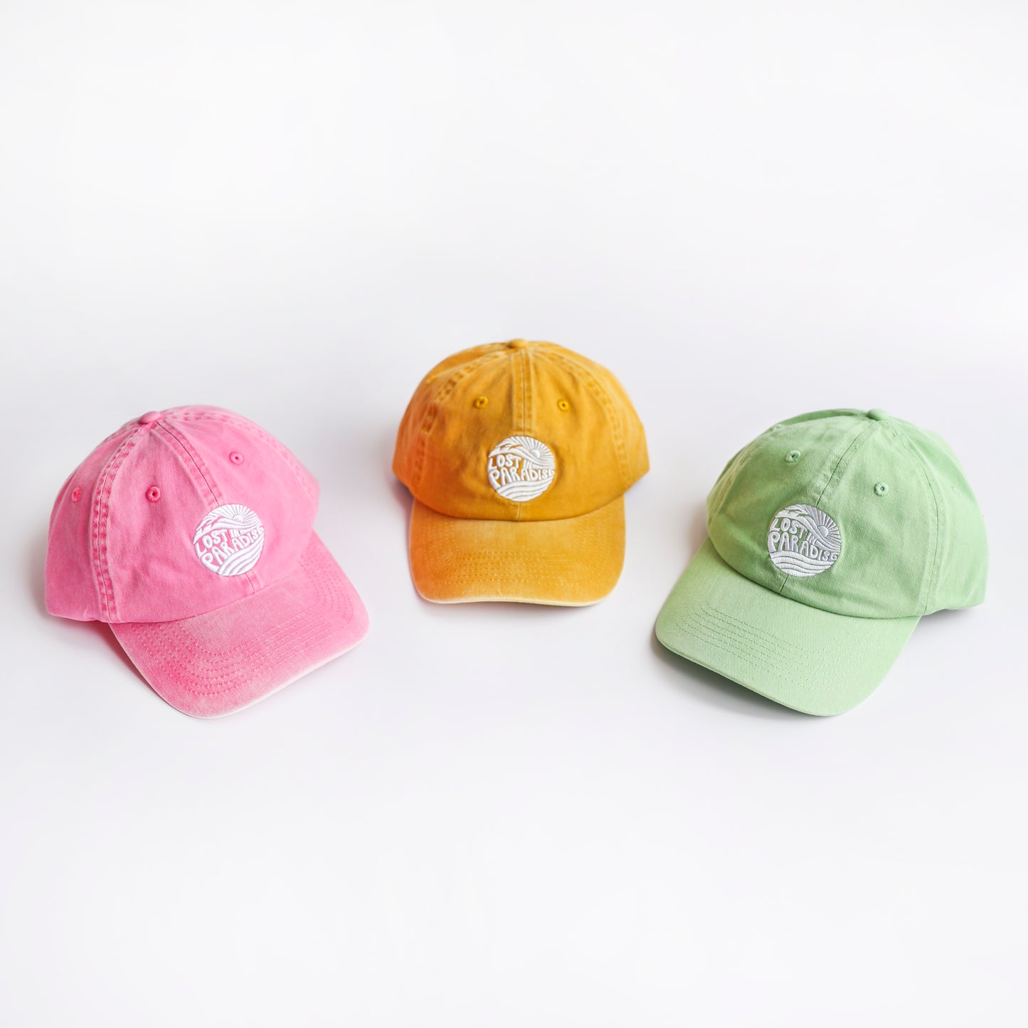 Puerto Rico Lost In Paradise dad hat cap sun and wave yellow green pink